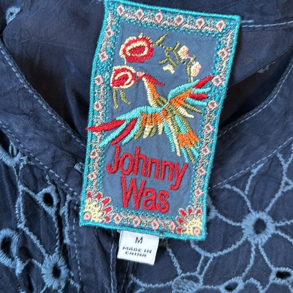 Johnny Was Winnie Patchwork Navy Blue Embroidered Tunic Size Medium - Picture 6 of 16